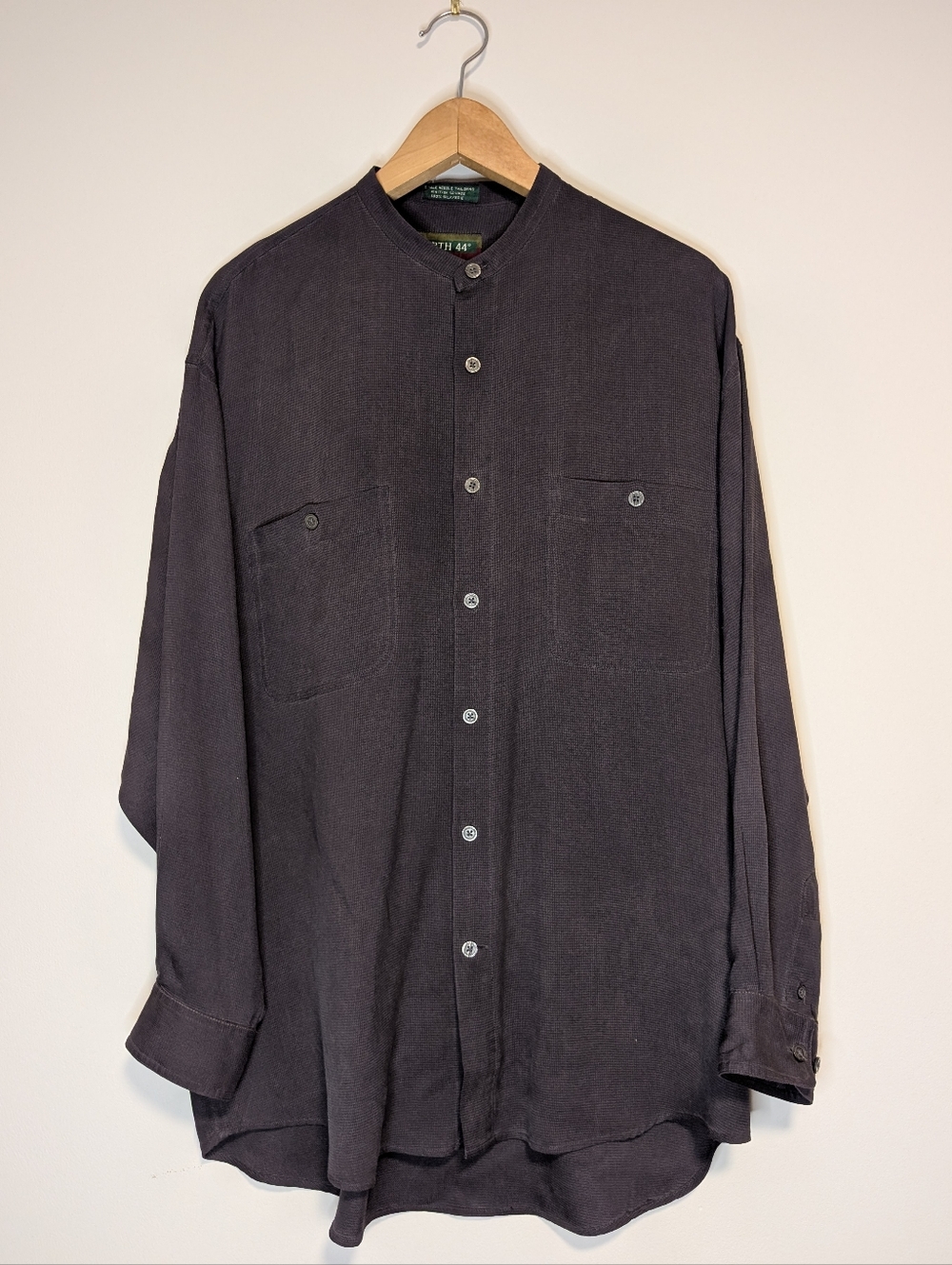 Vintage Silk Oversized Charcoal Band Collar Button-Up Shirt